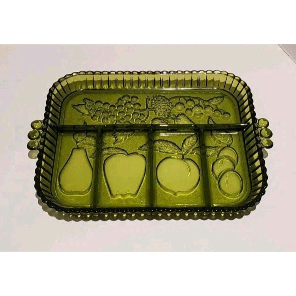 Green Indiana Glass Divided Serving Rectangular Tray 5 Compartments Fruits Vtg